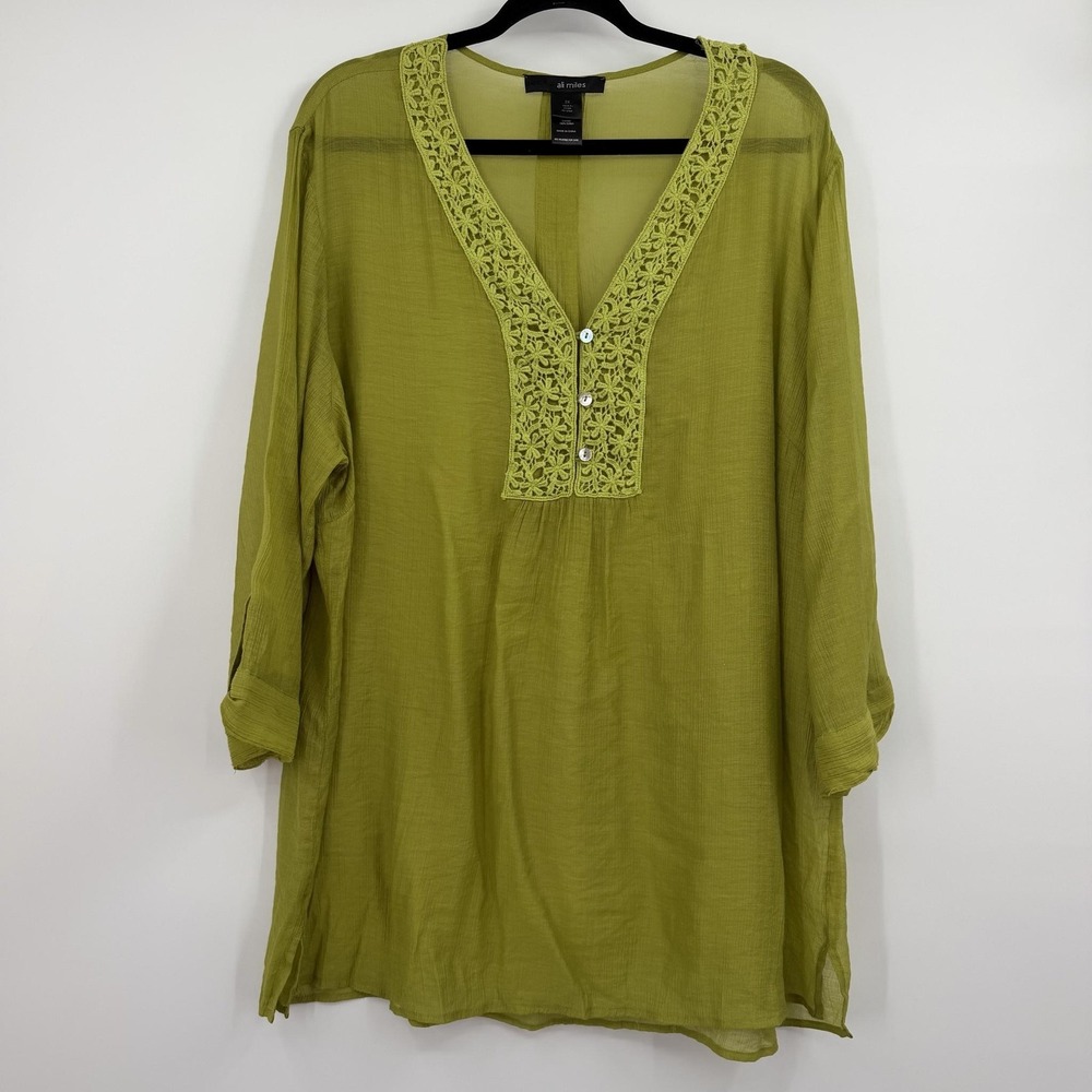 Ali Miles Tunic Womens 2X Green V-Neck Crochet Button 3/4 Sleeve Lightweight